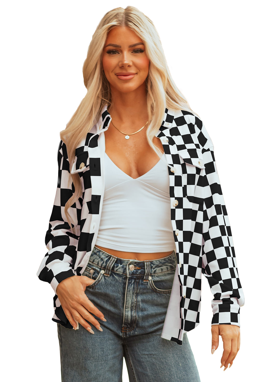 Black Checkerboard Flap Pocket Button Front Shacket