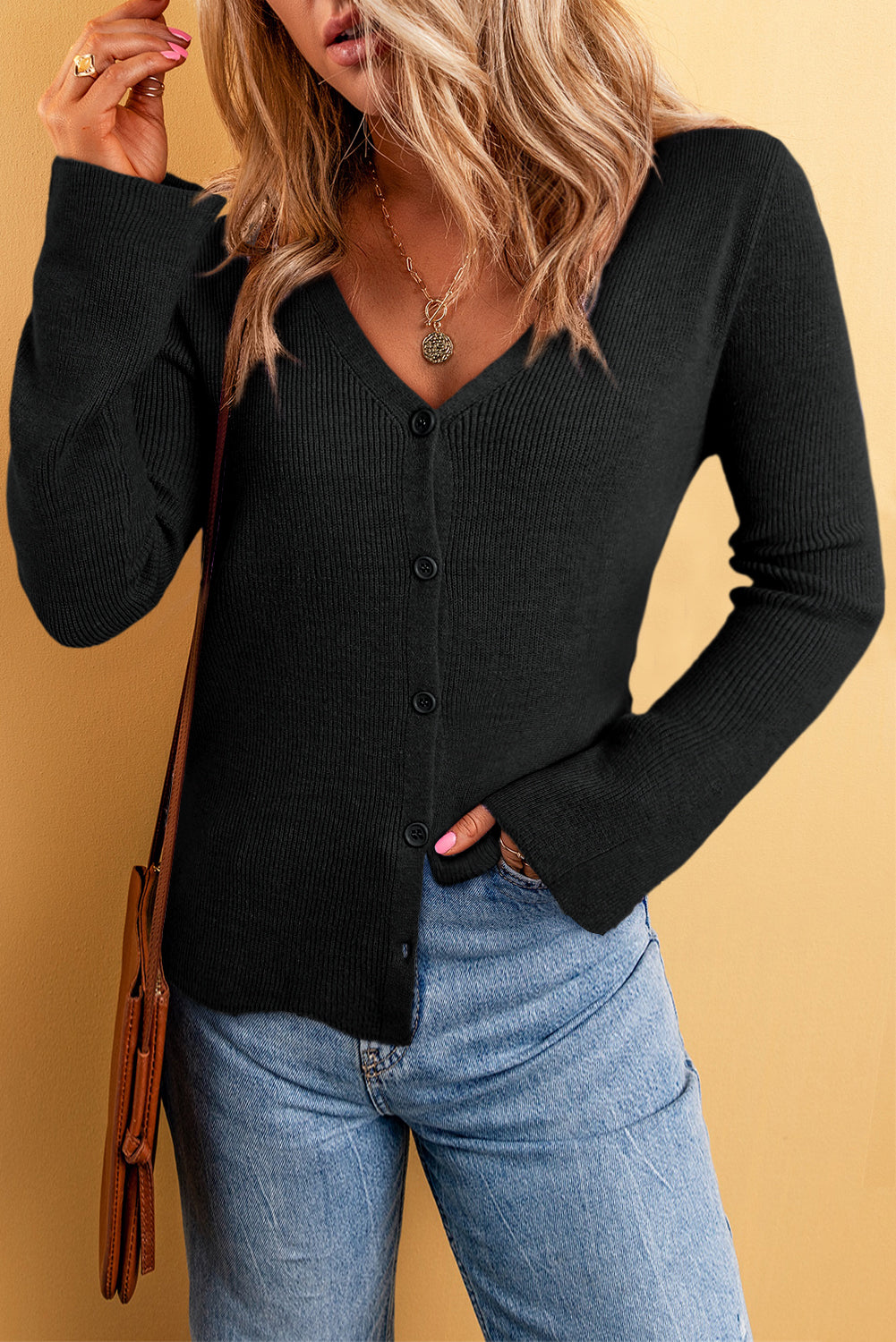White Lightweight Ribbed Knit Button Front V Neck Cardigan