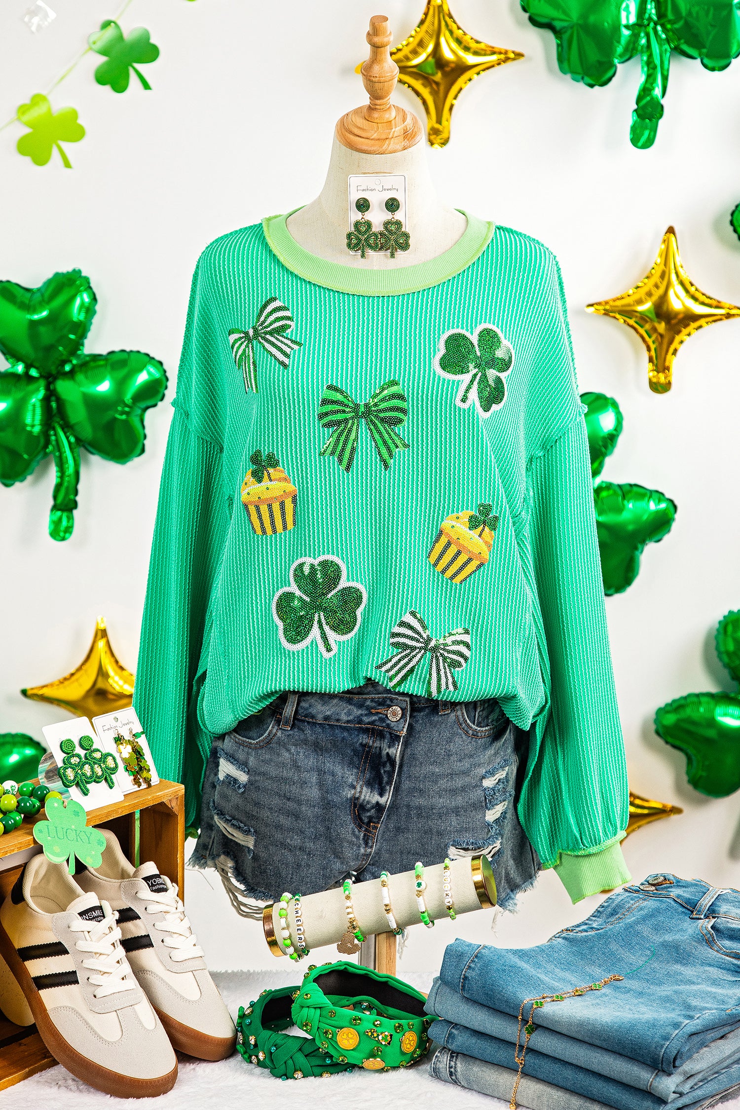 Bright Green Twisted Rib St Patricks Day Sequin Patch Graphic Long Sleeve Top