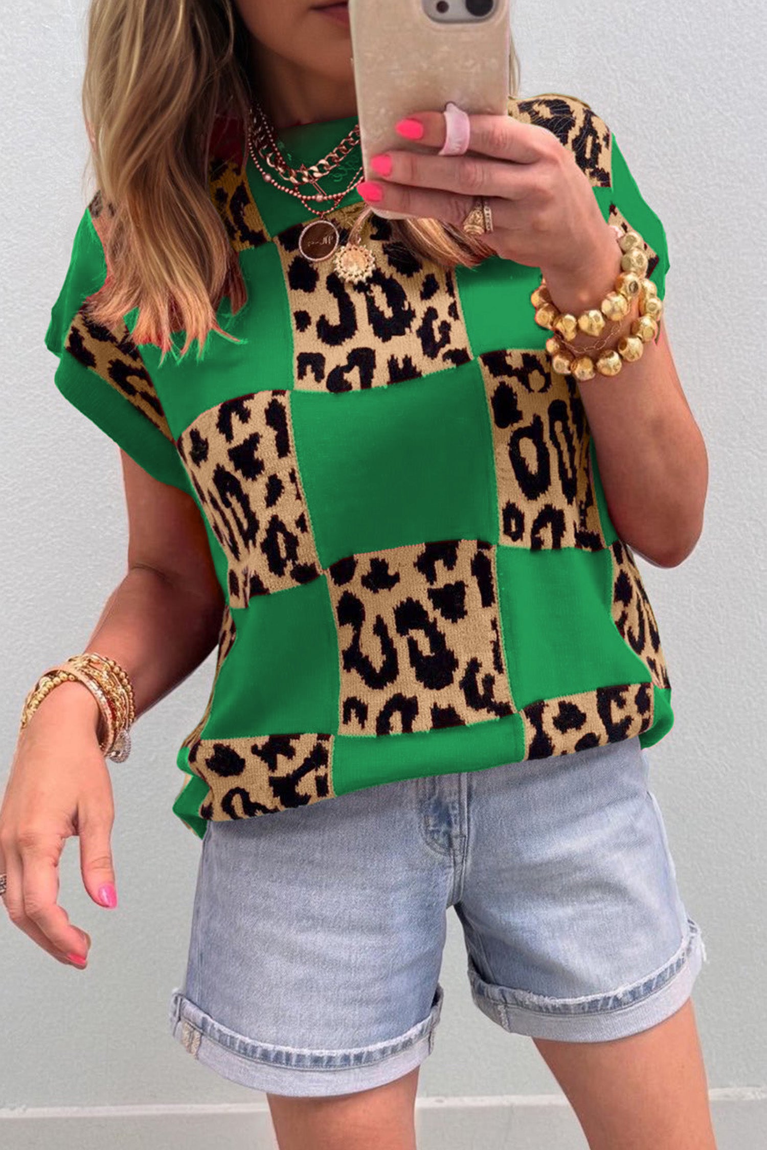 Rose Red Leopard Checkerboard Short Sleeve Knit Sweater