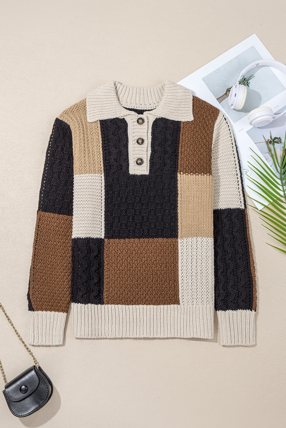 Multicolour Color Block Cable Knit Sleeve Buttons Collared Sweater