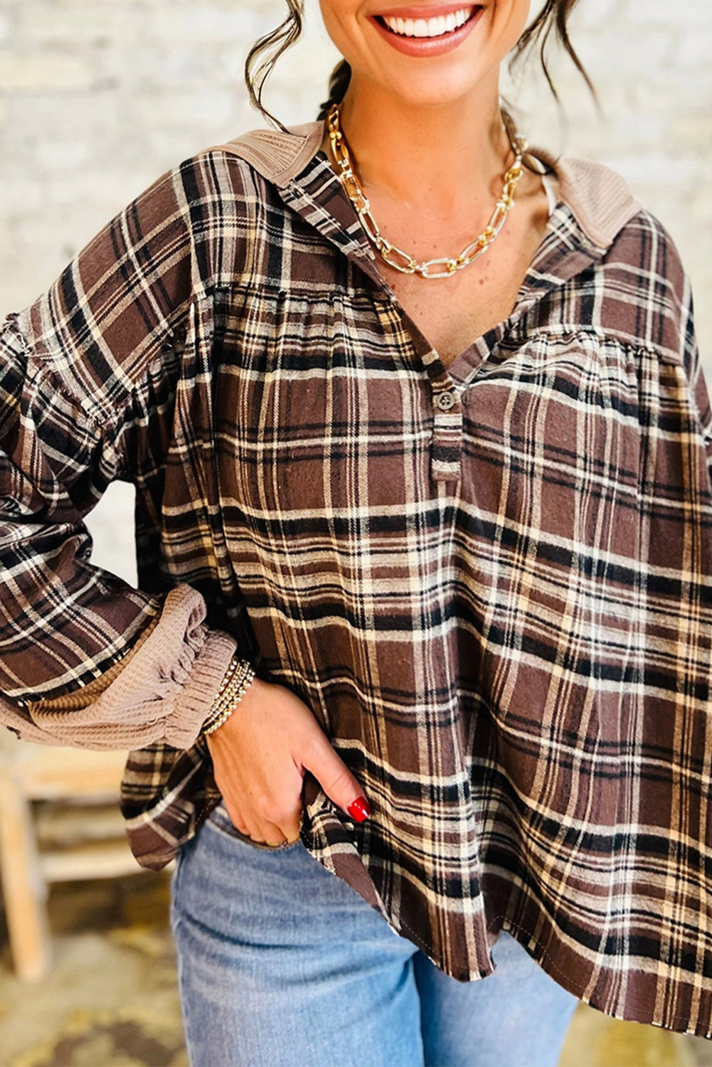 Brown Plaid Patchwork Long Sleeve Button Hooded Blouse