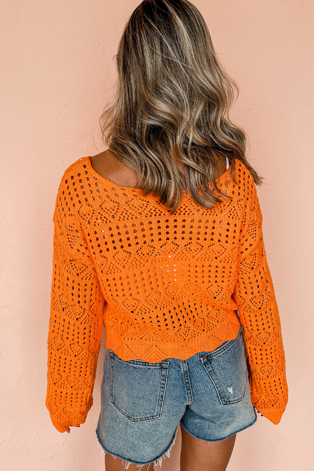 Carrot Solid Color Open Crochet Scallop Edge Sweater