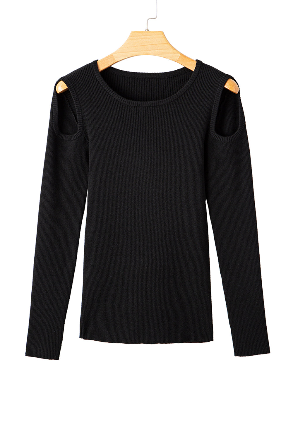Black Ribbed Knit Cold Shoulder Sweater