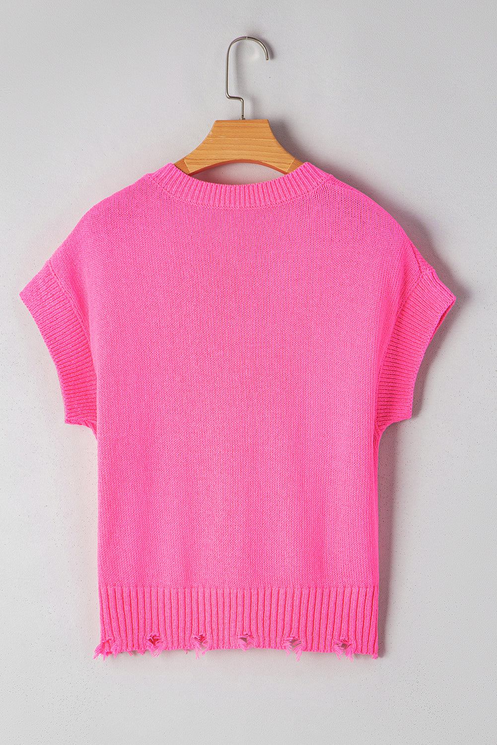 Bright Pink Distressed Hem Short Sleeve Knitted Button Front Sweater