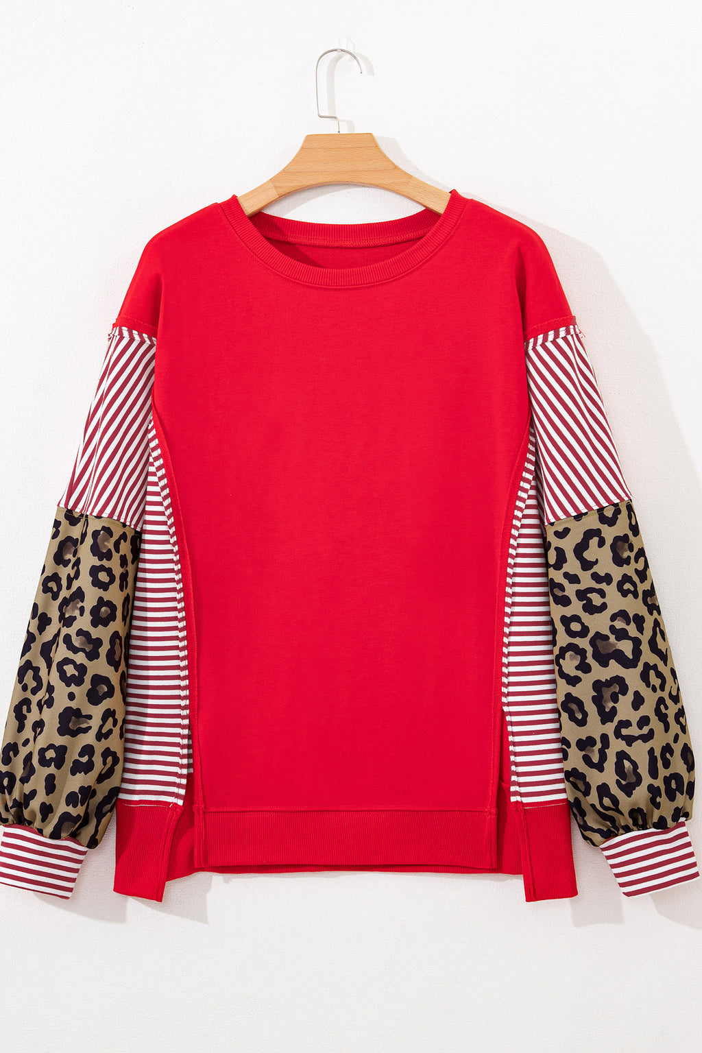 Racing Red Striped Patchwork Sleeve Colorblock Sweatshirt