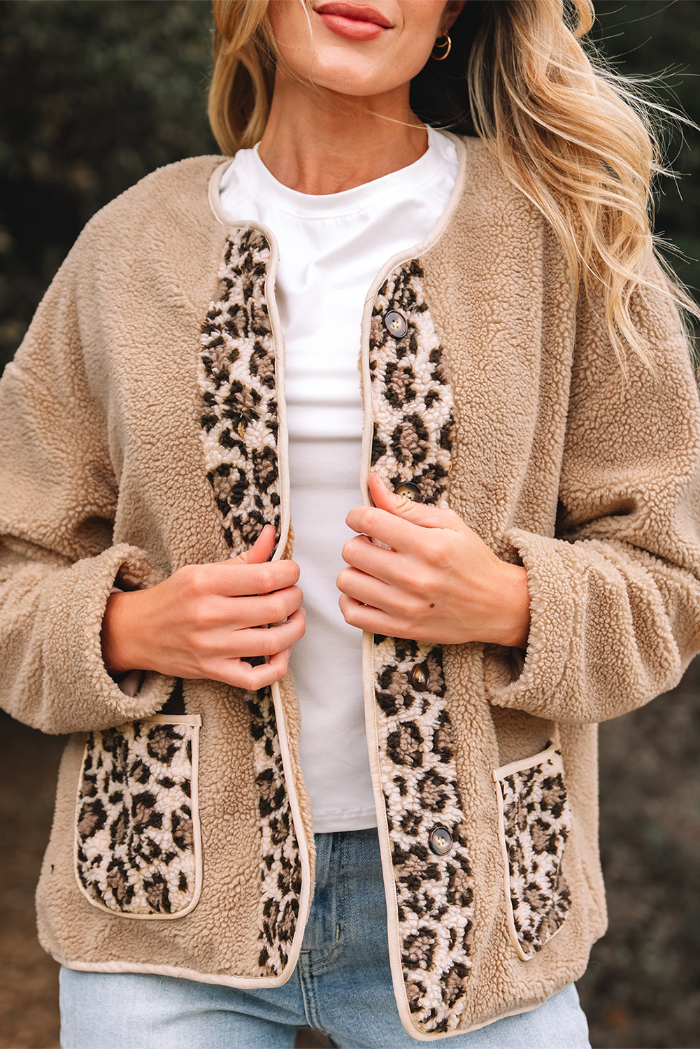 Casual Leopard Print Accent Plush Jacket with Pockets
