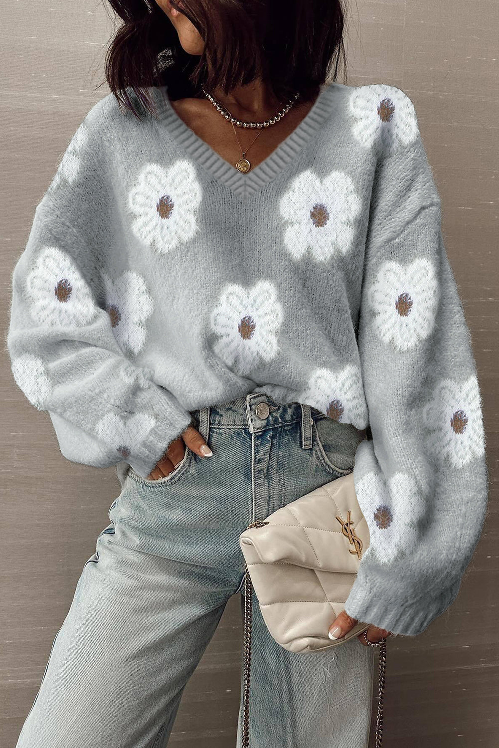 Gray Cute Flower Print V Neck Drop Shoulder Baggy Sweater
