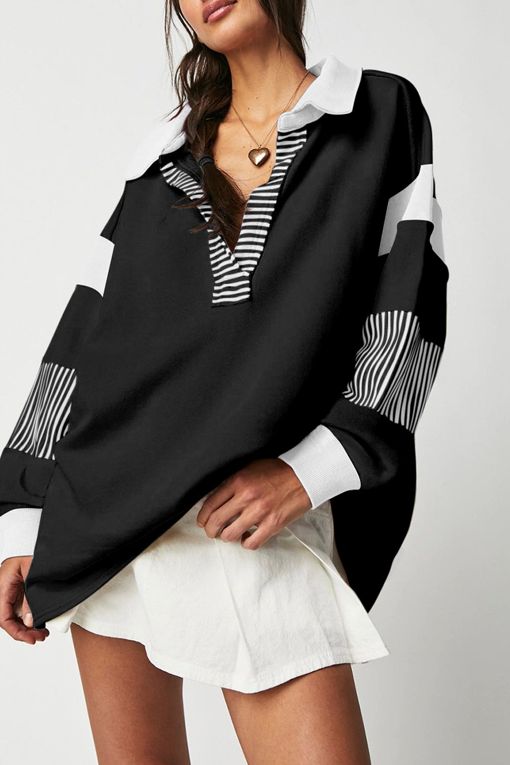 Black Striped Colorblock Patchwork Collar Sweatshirt