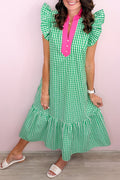 Bright Green Summer Color-Blocked Plaid Pattern Midi Dress