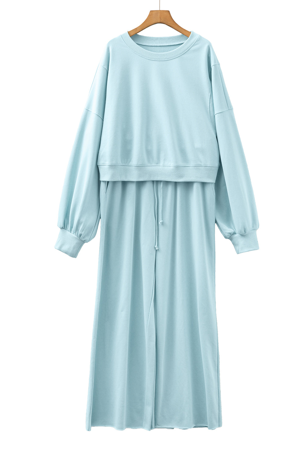 Light Pink Drop Shoulder Puff Sleeve Crop Pullover Drawstring Wide Leg Pants Set