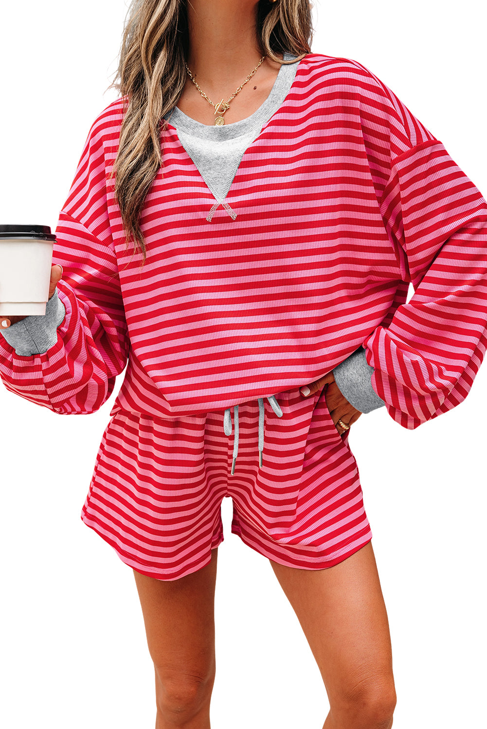 Red Stripe Drop Shoulder Baggy Pullover and Shorts Casual Set