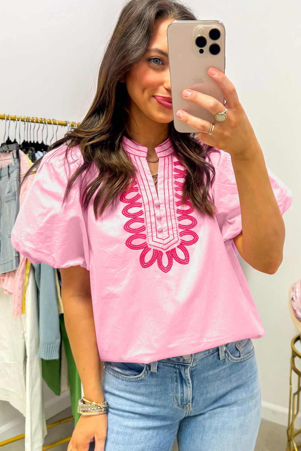 Pink Boho Embroidered Detail Puff Sleeve Cotton Blouse