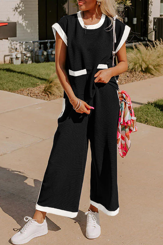 Black Color Block Pocketed T Shirt and Wide Leg Pants Set