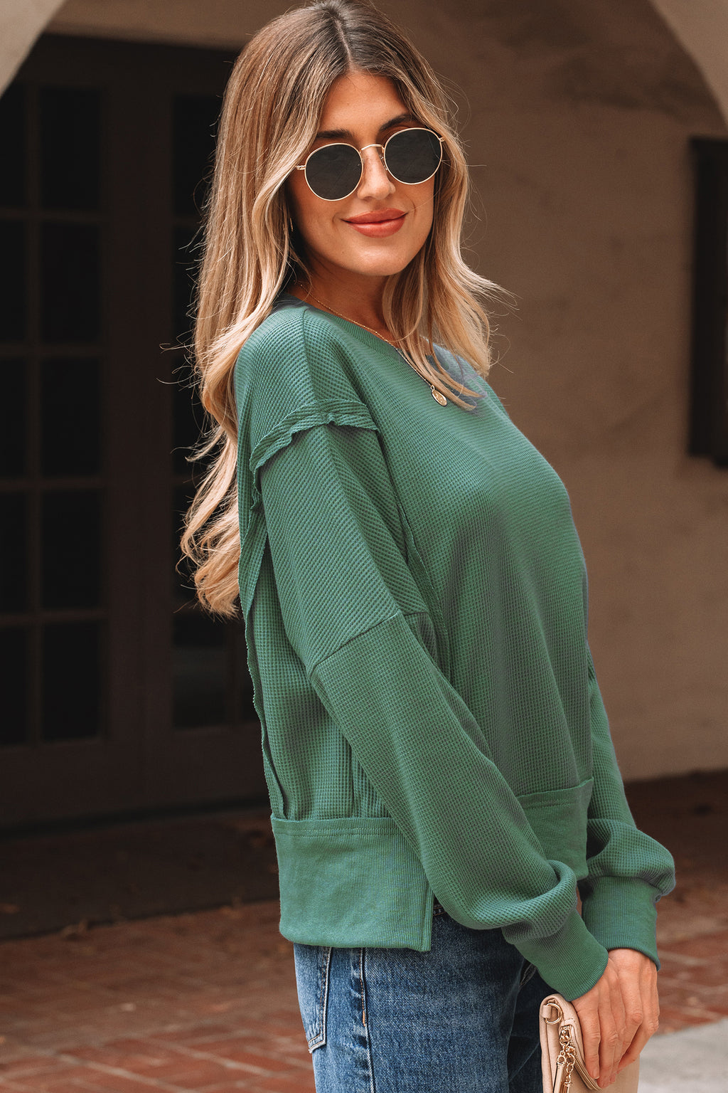 Orchid Mist Solid Color Raw Seam Patchwork Ribbed Drop Shoulder Sweatshirt