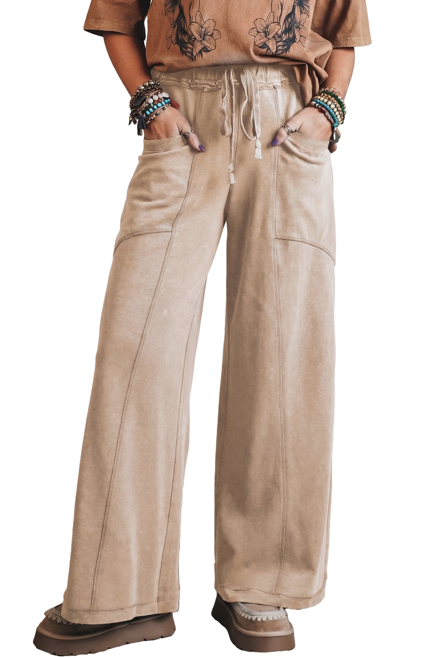 Smoke Gray Mineral Wash Drawstring Retro High Waist Wide Leg Western Pants