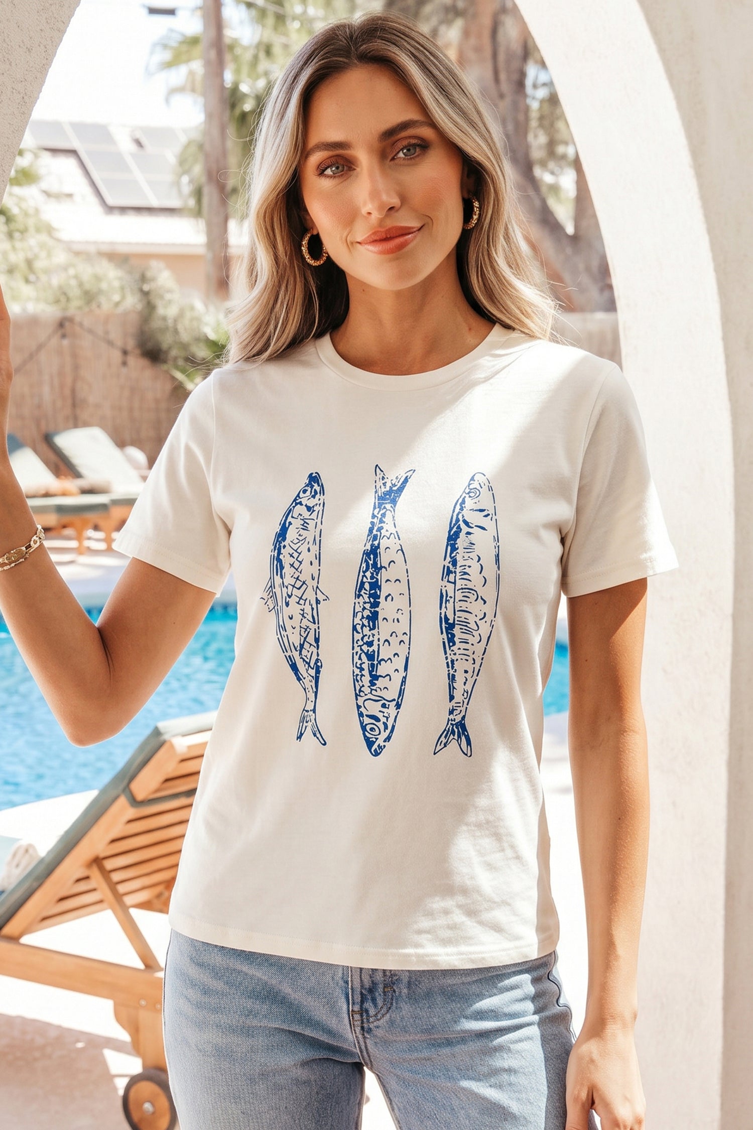 White Fish Print Short Sleeve Round Neck T Shirt