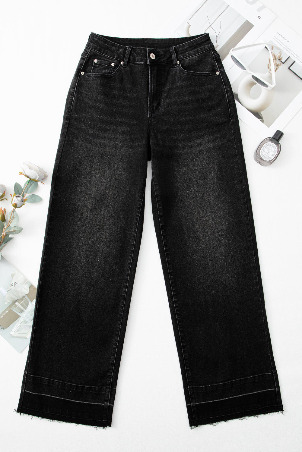 Sail Blue Raw Hem Unique Cuffs Straight High Rise Loose Jeans