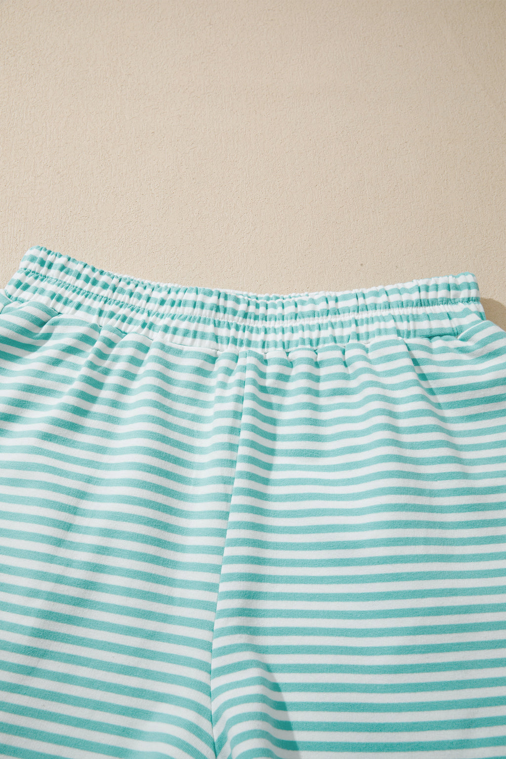 Sky Blue Stripe Cuffed Sleeve Contrast Mock Neck Tee Casual 2pcs Short Set