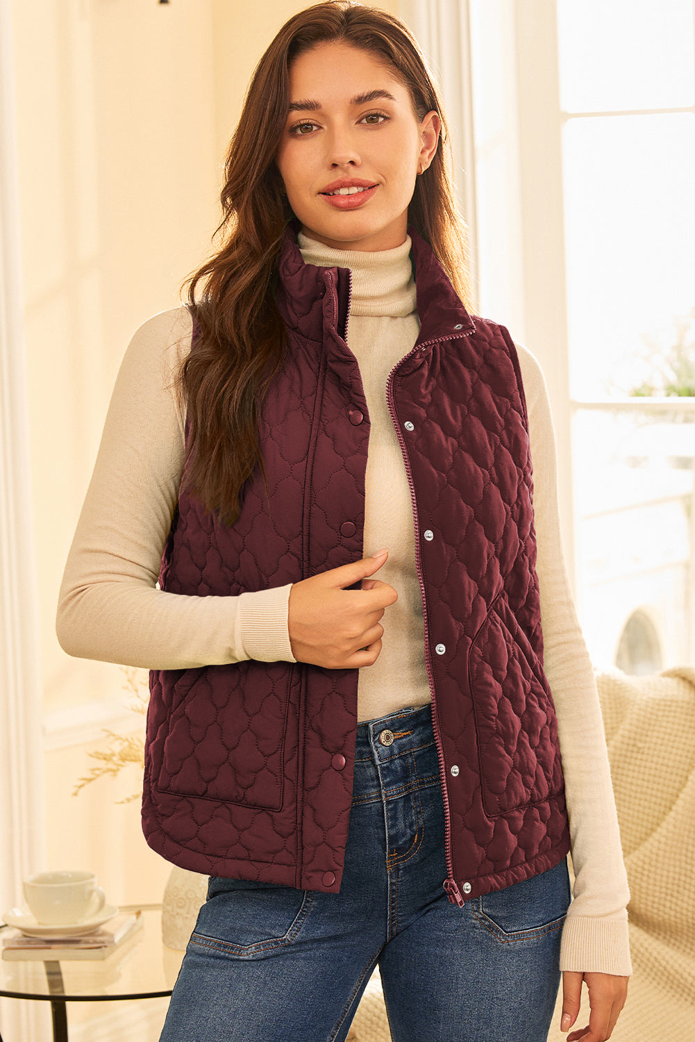 Dark Brown Flower Shape Quilted Snap Button Zip Up Winter Vest