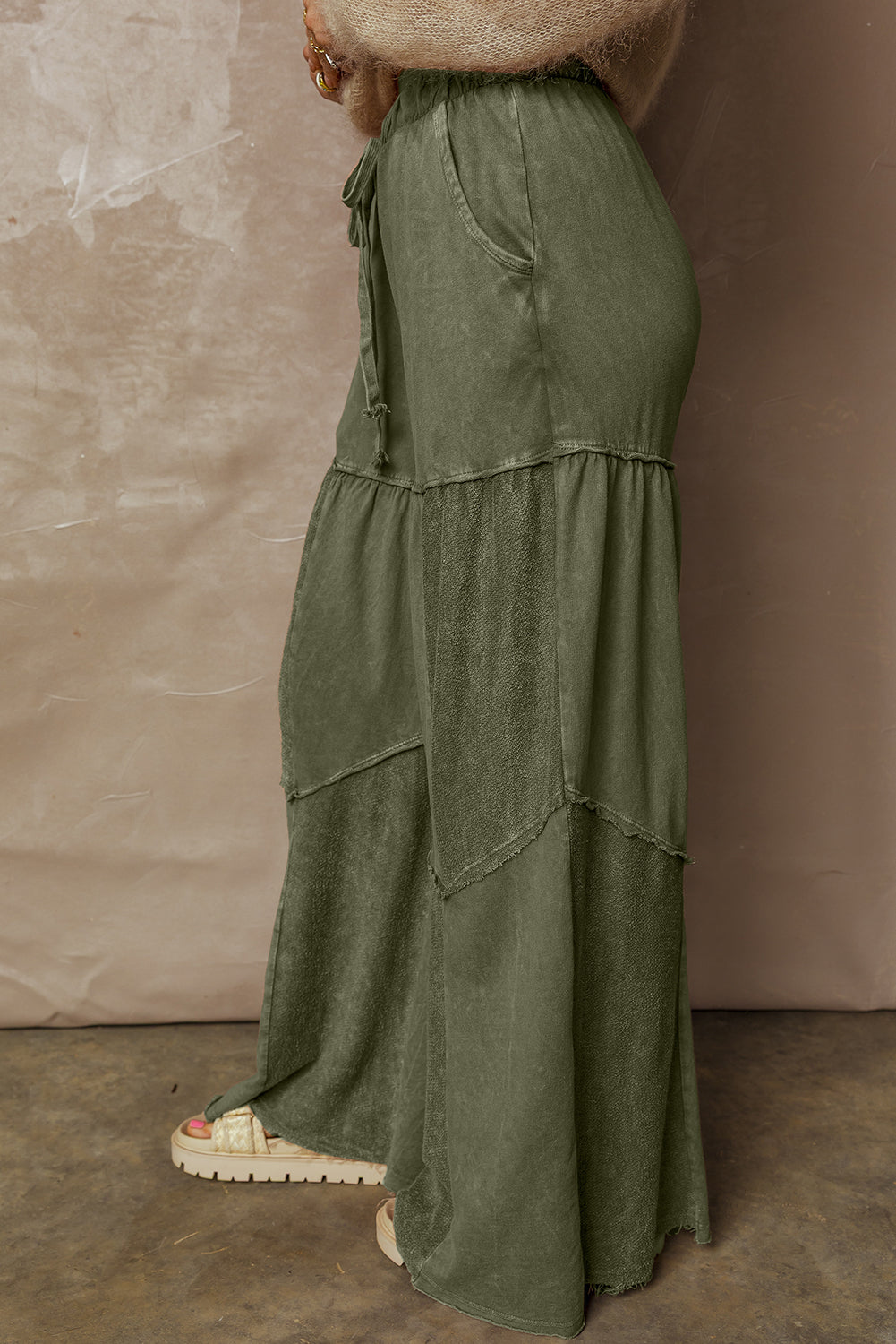 Straw Yellow Mineral Wash Tiered Wide Leg Patchwork Drawstring Pants