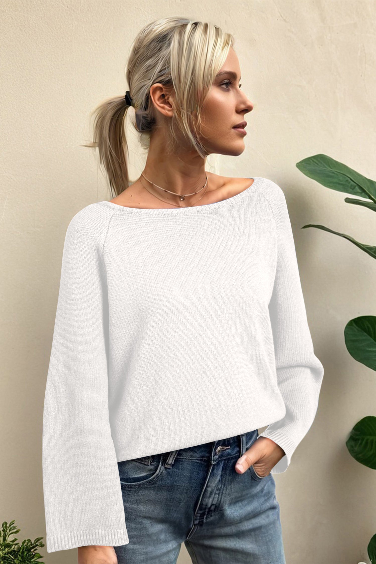 Sky Blue Solid Color Knit Loose Bracelet Sleeve Dolman Sweater