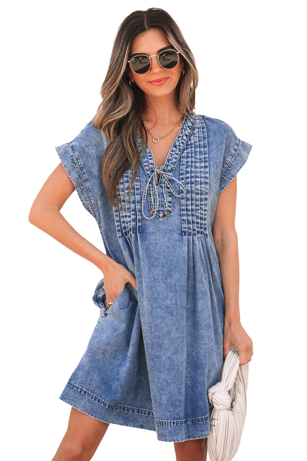 Beau Blue Tie V Neck Tucking Detail Short Sleeve Denim Shift Dress