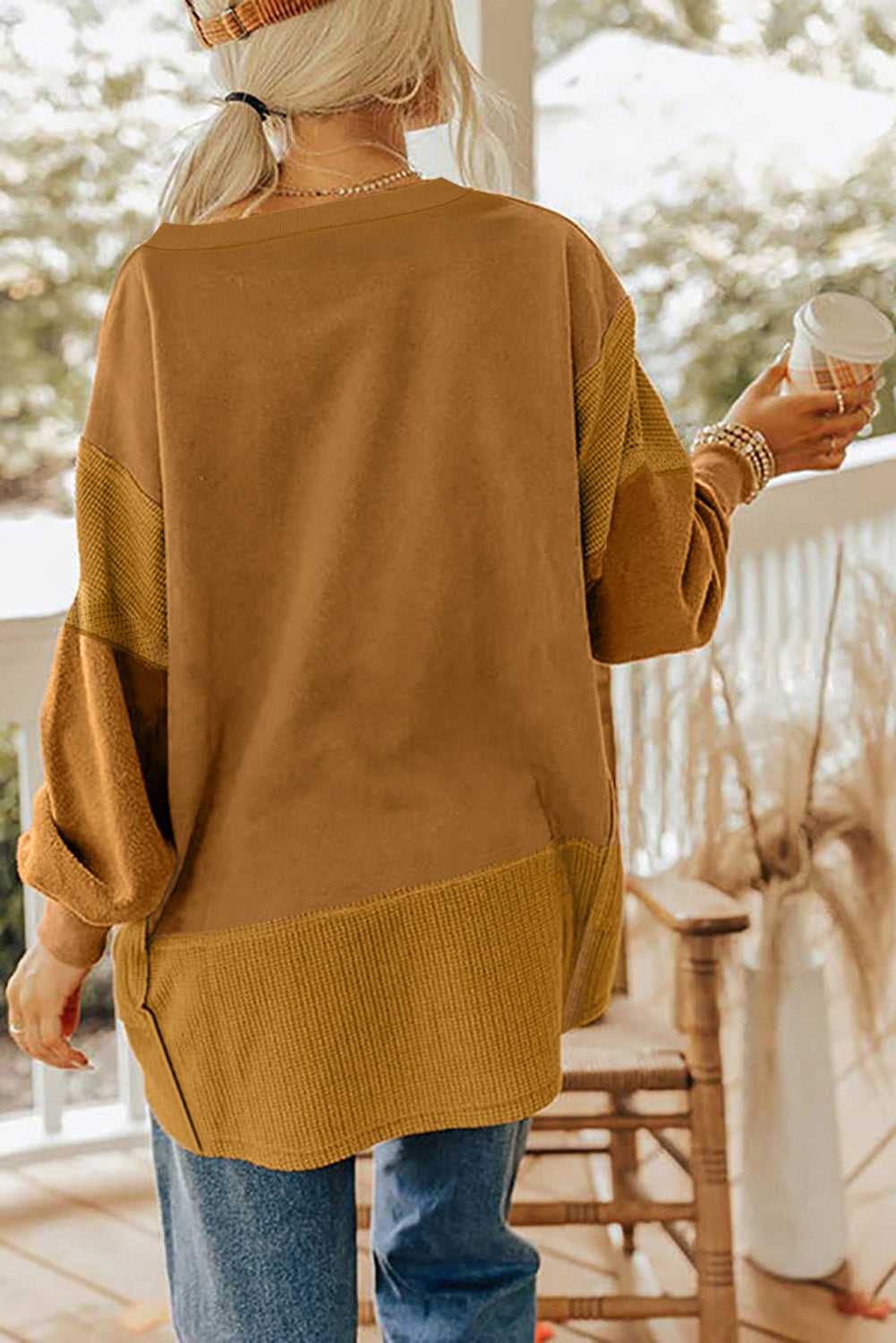 Multicolor Oversized Mixed Textured Split Neck High Low Patchwork Sweatshirt