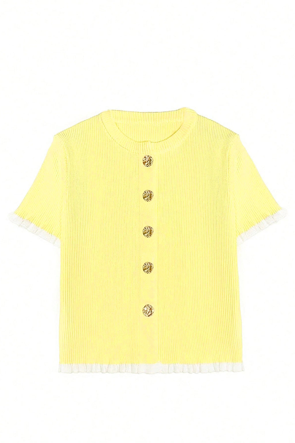 Yellow Cream Ribbed Knit Contrast Frilled Short Sleeve Sweater Cardigan