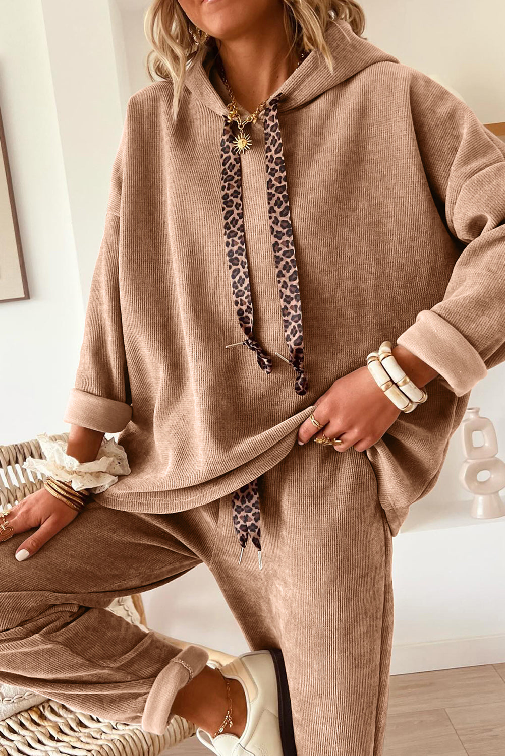 Casual Lace Drawstring Pullover Hoodie and High Waist Pants Corduroy Suit