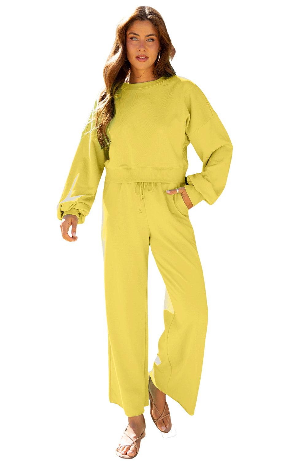 Bright Green Drop Shoulder Puff Sleeve Crop Pullover Drawstring Wide Leg Pants Set