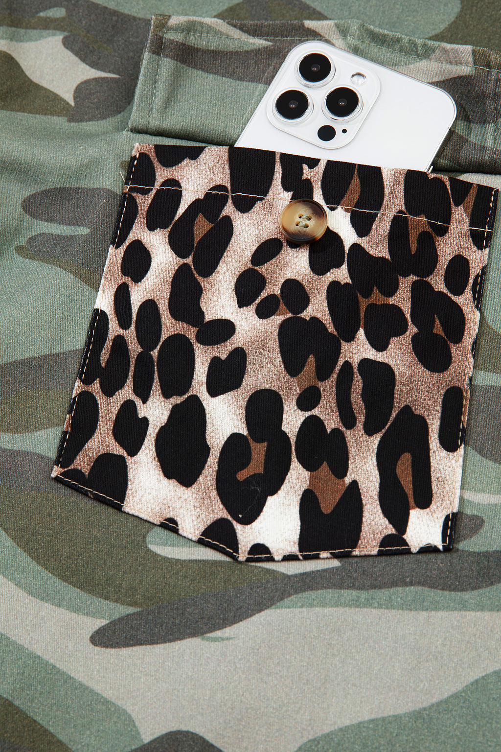 Green Camo Leopard Patchwork Flap Pocket Crop Jacket