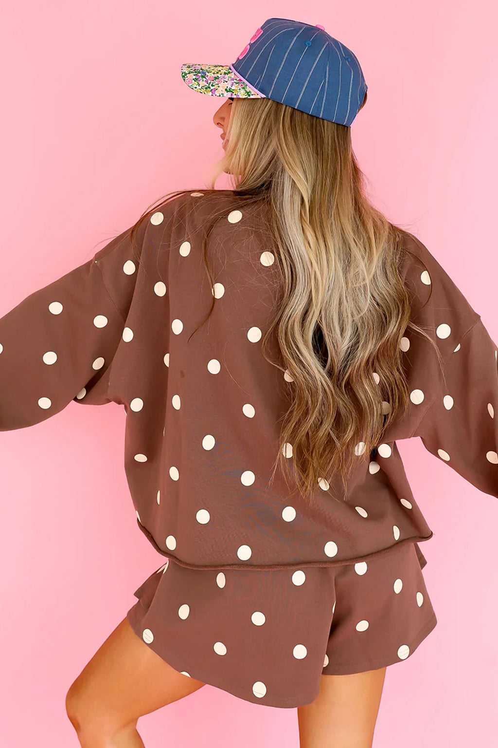 Brown Polka Dot Raw Hem Relaxed Pullover Loose Skort Two Piece Set