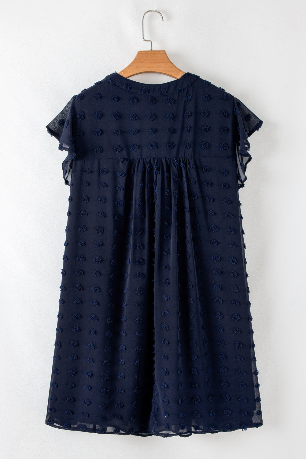 Navy Blue Dotty Textured Notched Neck Plus Ruffled Dress