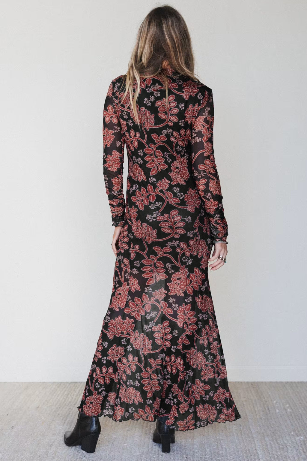 Black Retro Floral Print Long Sleeve Casual Mesh Dress
