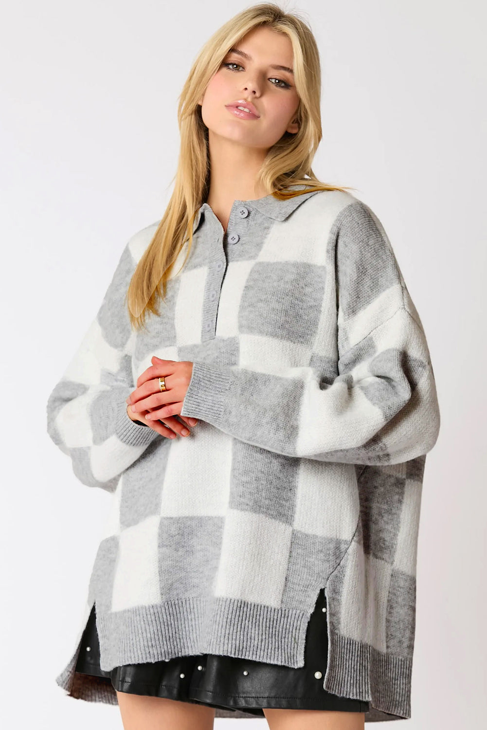 Gray Plus Size Checkered Pattern Button Polo Collar Split Sweater