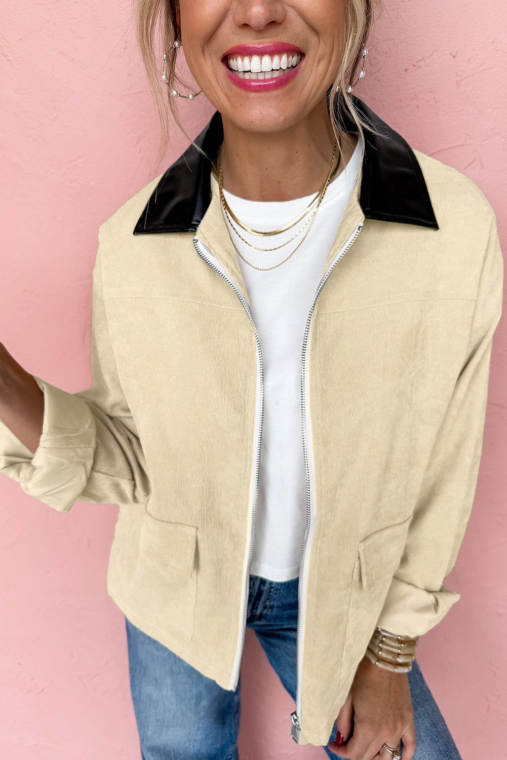 Parchment Contrast Leather Collar Textured Zip Up Jacket