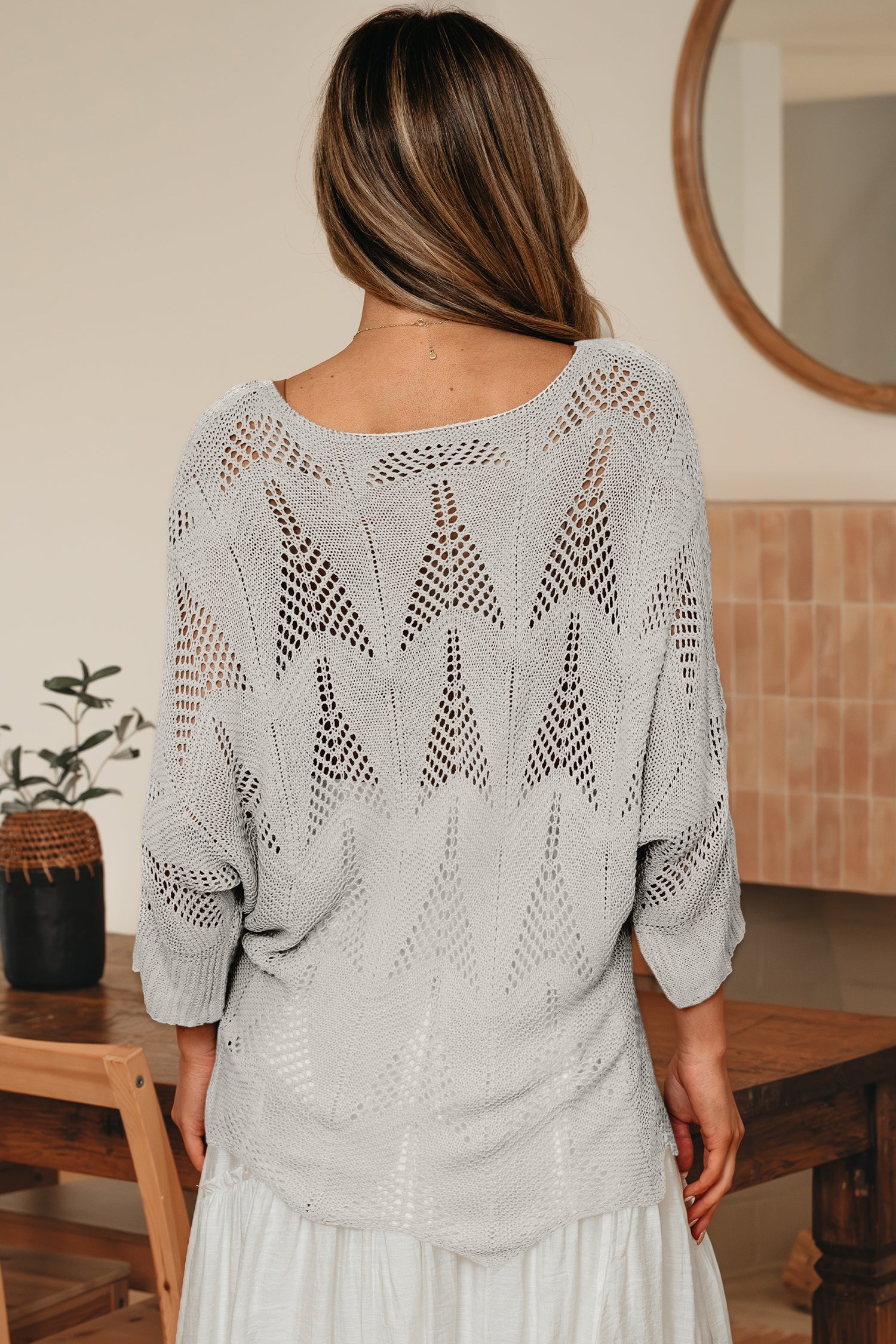 Parchment Hollow Out Knit 7/8 Sleeve Casual Sweater