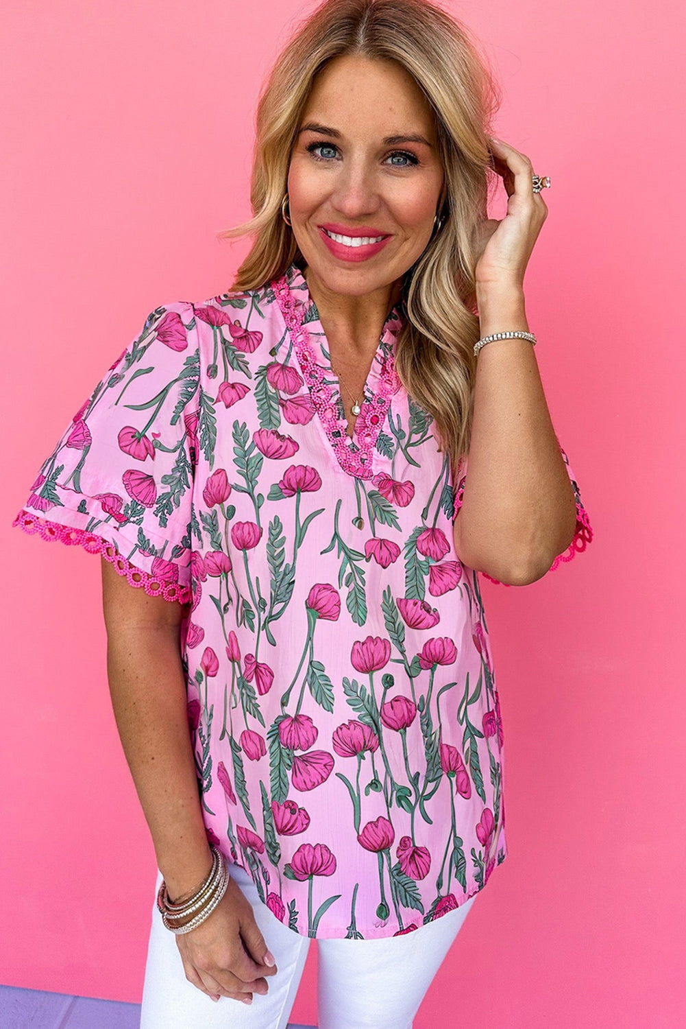 Pink Floral Lace Detail Frilled V Neck Summer Blouse
