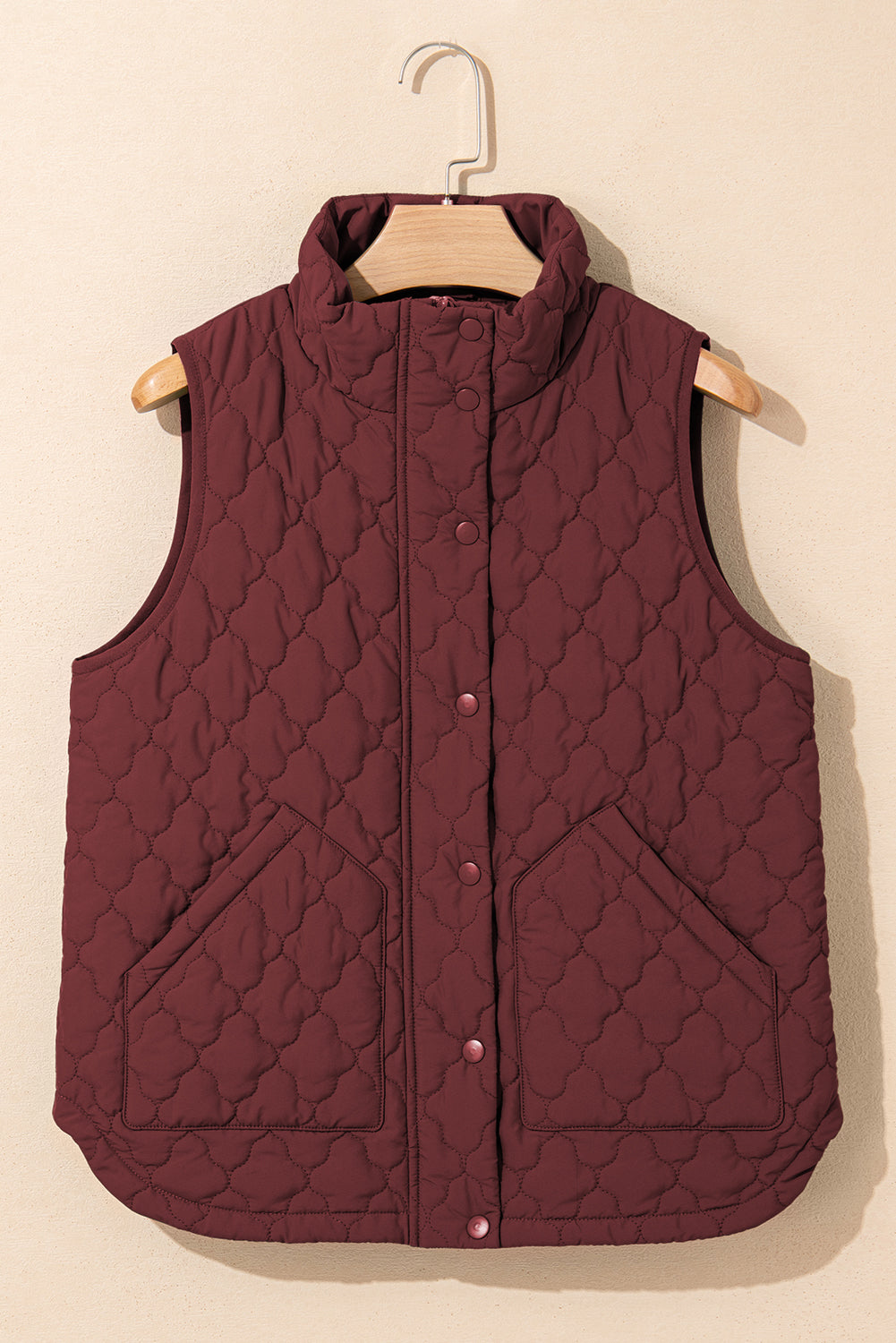 Dark Brown Flower Shape Quilted Snap Button Zip Up Winter Vest