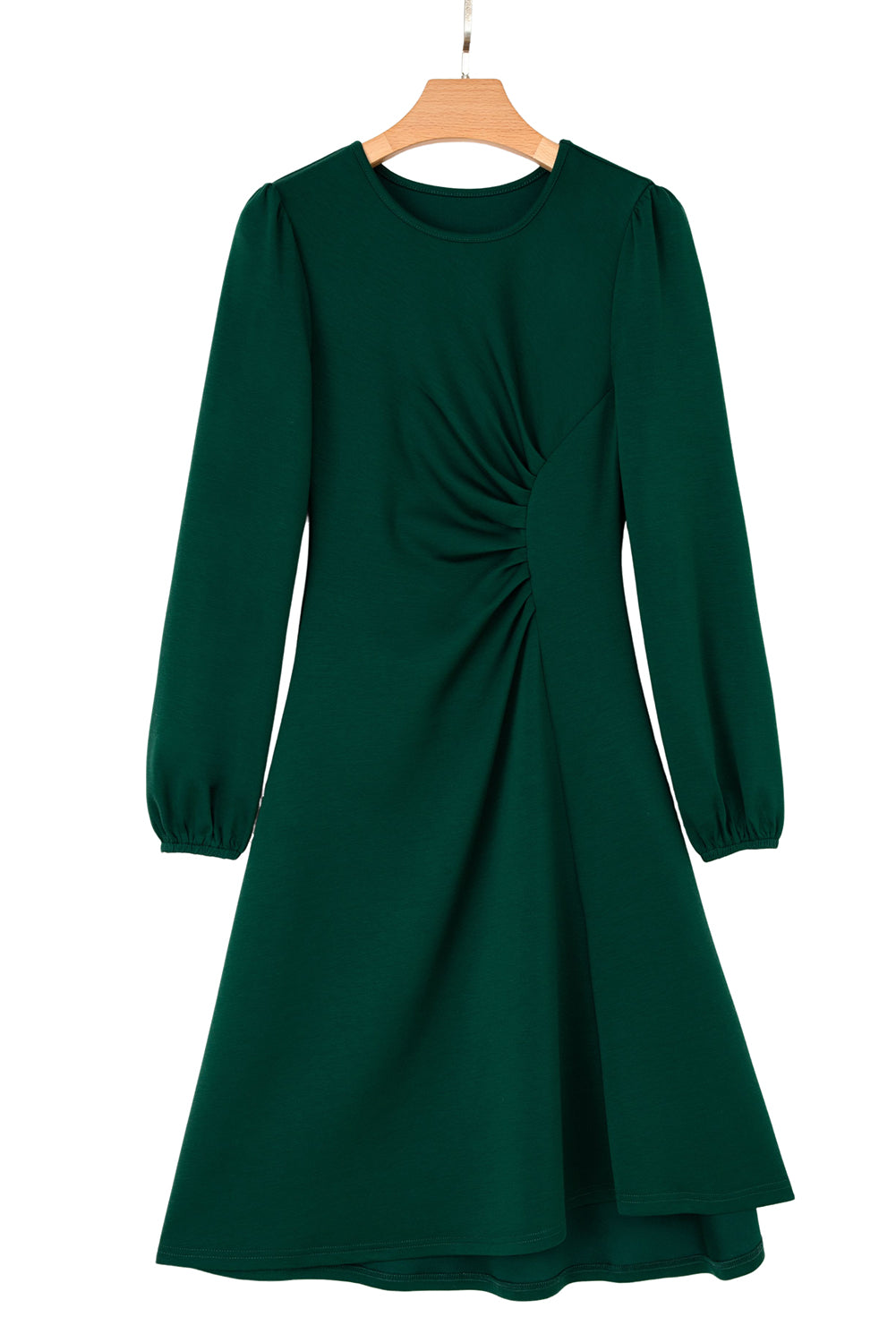 Burgundy Solid Color Ruched Detail Long Sleeve Midi Dress