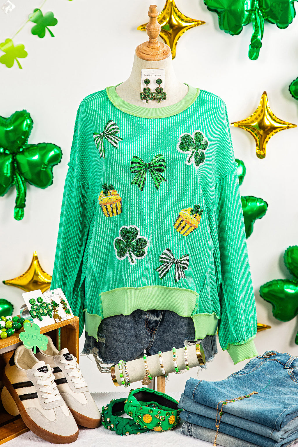 Bright Green Twisted Rib St Patricks Day Sequin Patch Graphic Long Sleeve Top