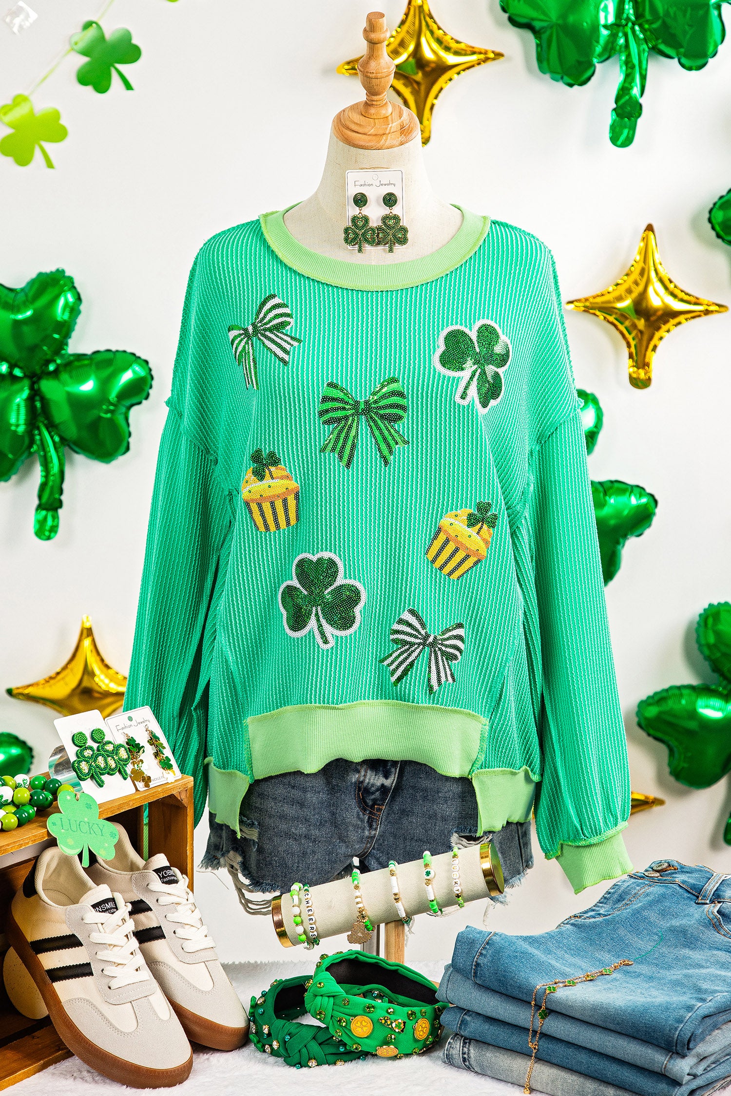Bright Green Twisted Rib St Patricks Day Sequin Patch Graphic Long Sleeve Top