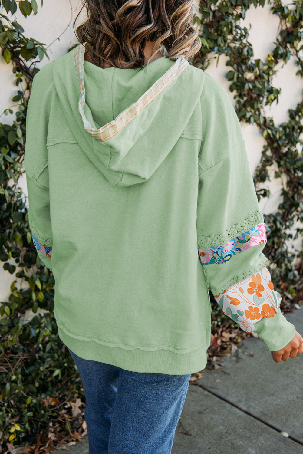 Clearly Aqua Lace Floral Patchwork Half Button Hooded Pullover