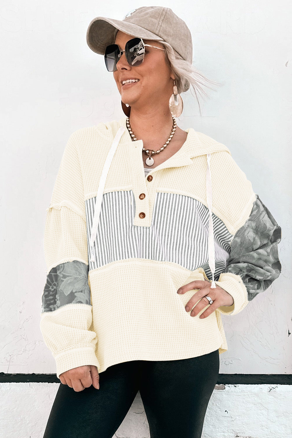 Cinnamon Waffle Printed Patchwork Drawstring Hooded Long Sleeve Top