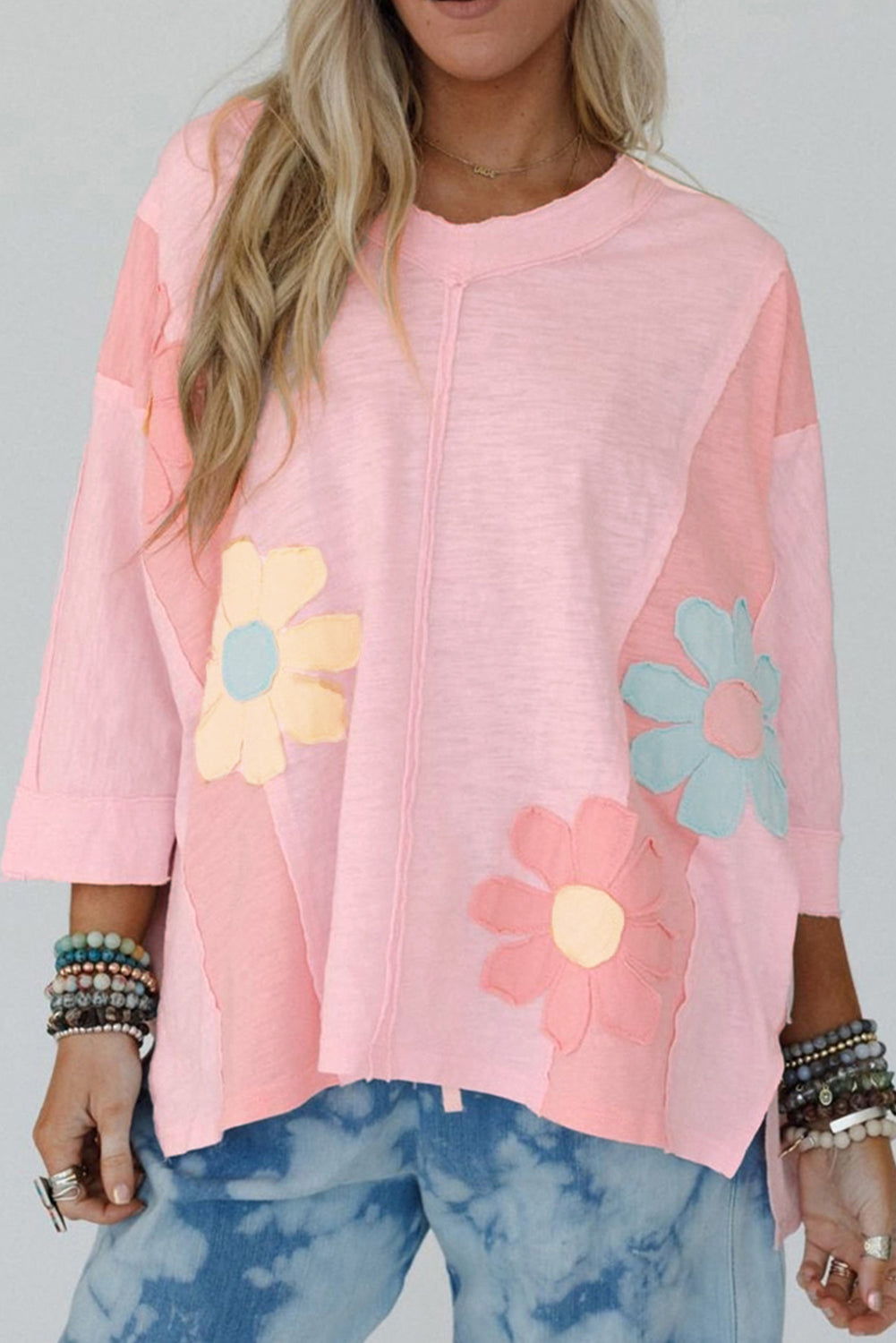 Green Flower Patched Exposed Seam Bracelet Sleeve Oversized T Shirt