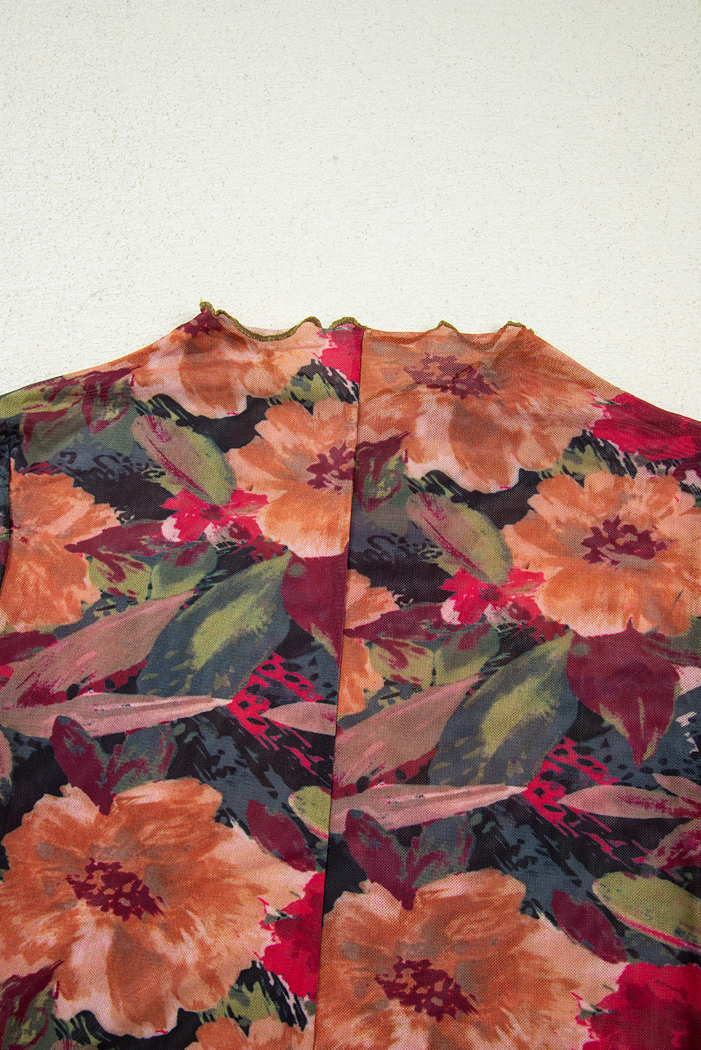 Multicolour Floral Print Lettuce Trim Long Sleeve Mesh Top