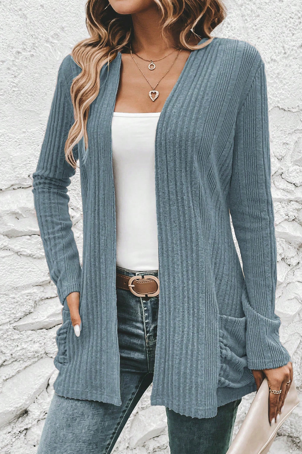Black Ribbed Open Front Knitted Top with Pockets