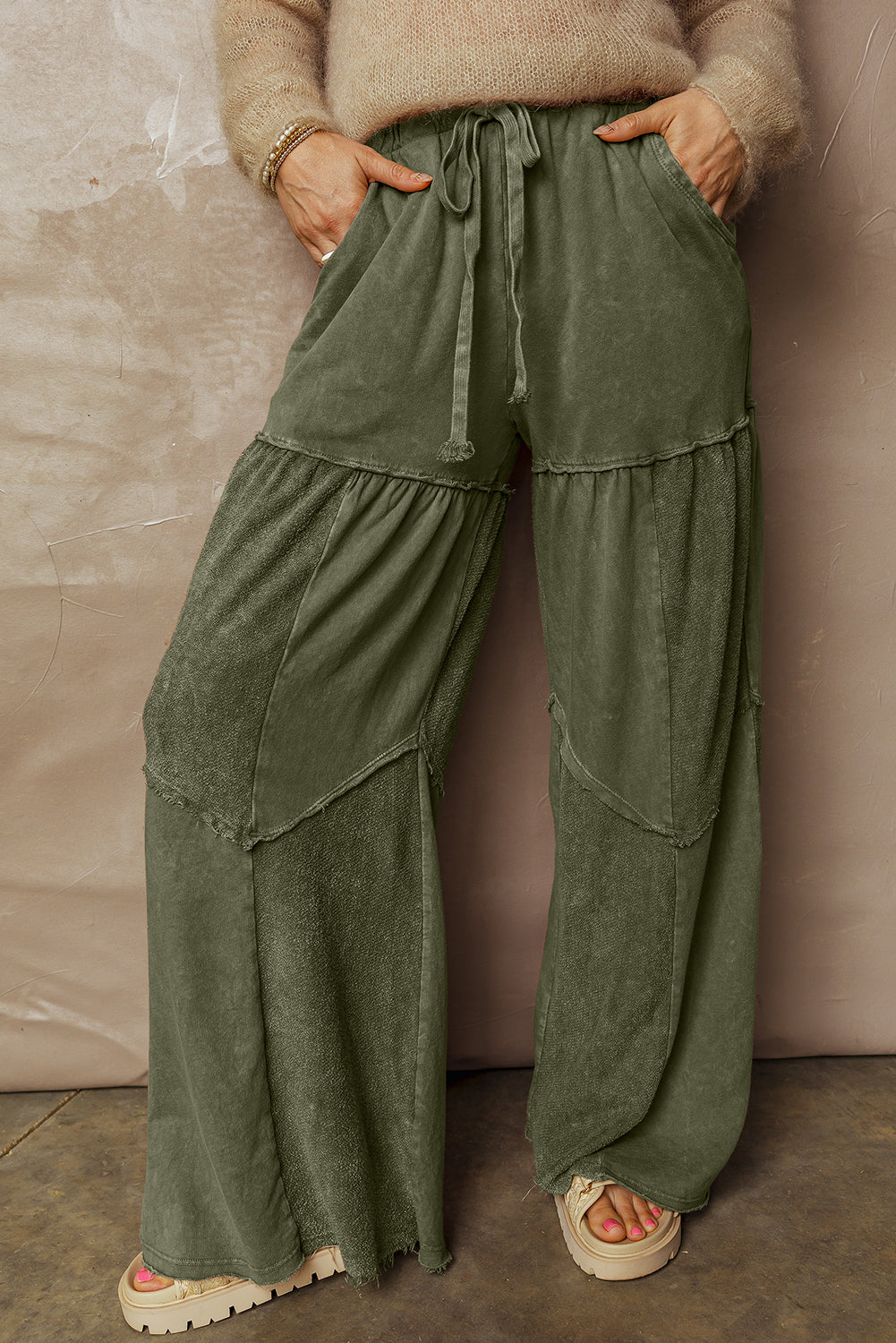 Straw Yellow Mineral Wash Tiered Wide Leg Patchwork Drawstring Pants