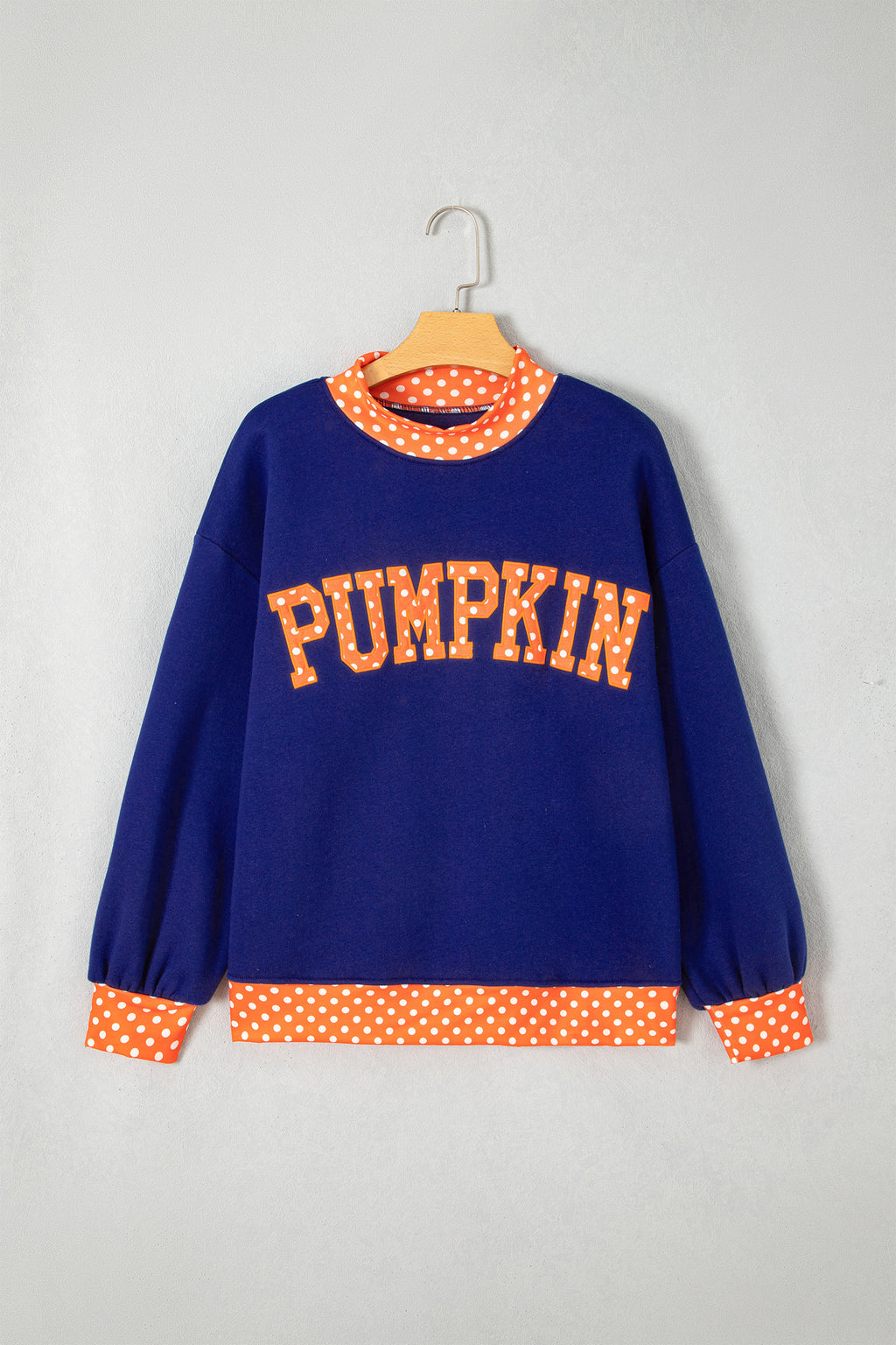 Grapefruit Orange Polka Dot Letter Print Contrast Trim Mock Neck Sweatshirt